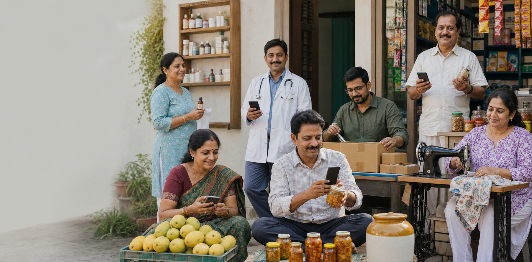 Indian doctor, shop owner, hobby seller, ecommerce seller, mango seller, and achar maker using phones for small business